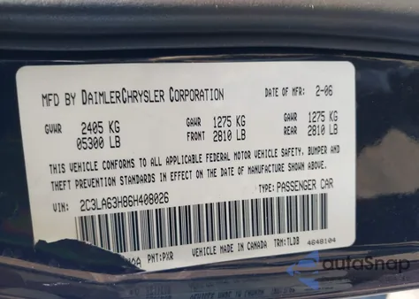 2006 Chrysler 300C z USA, uszkodzony, nr VIN 2C3LA63H86H408026